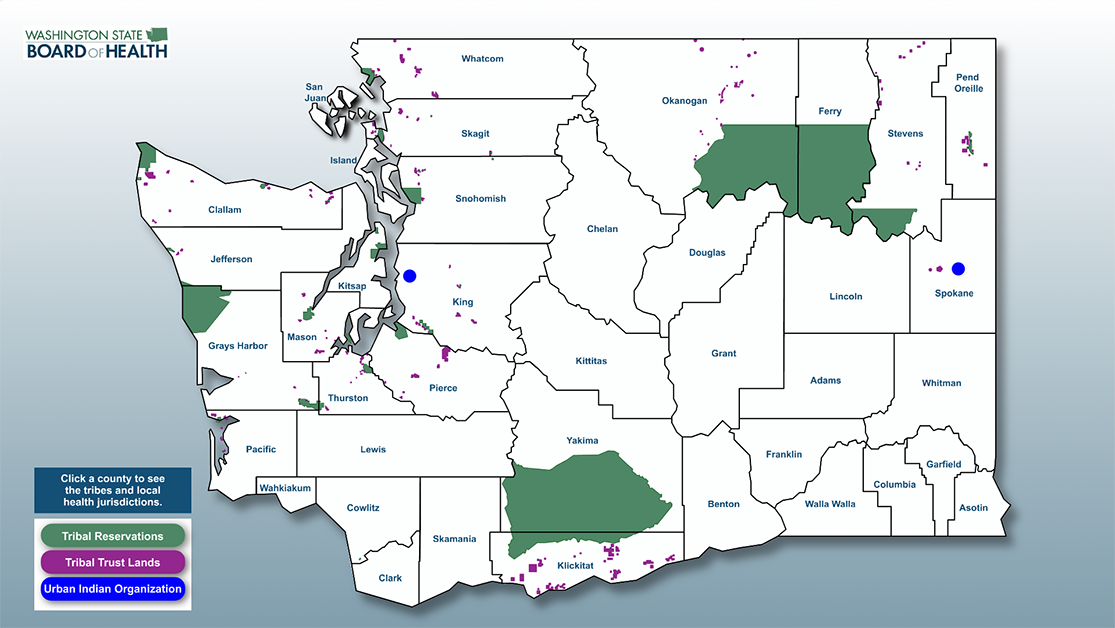 Map of tribal reservations and trust lands by county in Washington State