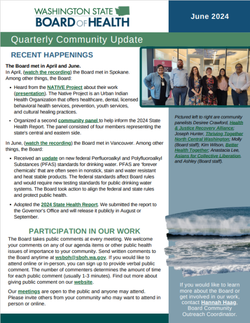 Front page of the State Board of Health Community Newsletter. Select the image to access the PDF version of the full newsletter.