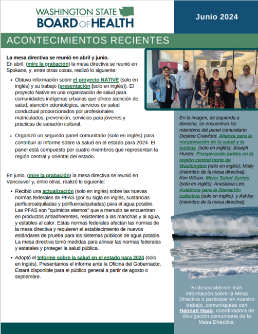 A screenshot of the front page of the Spanish translated State Board of Health Community newsletter. Select the picture to download the newsletter into PDF