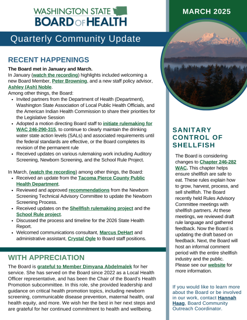 Front page of the English version of the Board of Health Quarterly Update Newsletter. Select the image to downlad the newsletter.