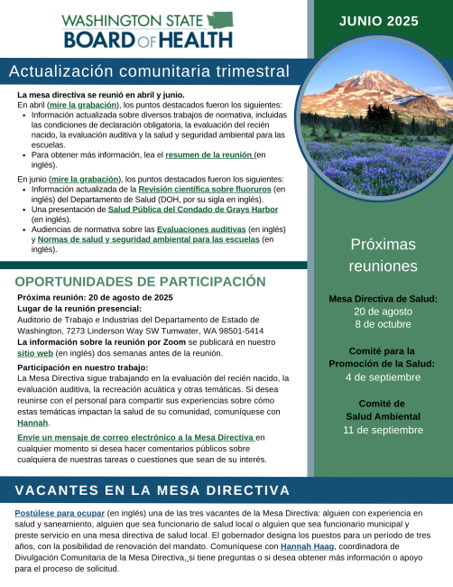 Front page of the Spanish version of the Board of Health Quarterly Update Newsletter. Select the image to download the newsletter.