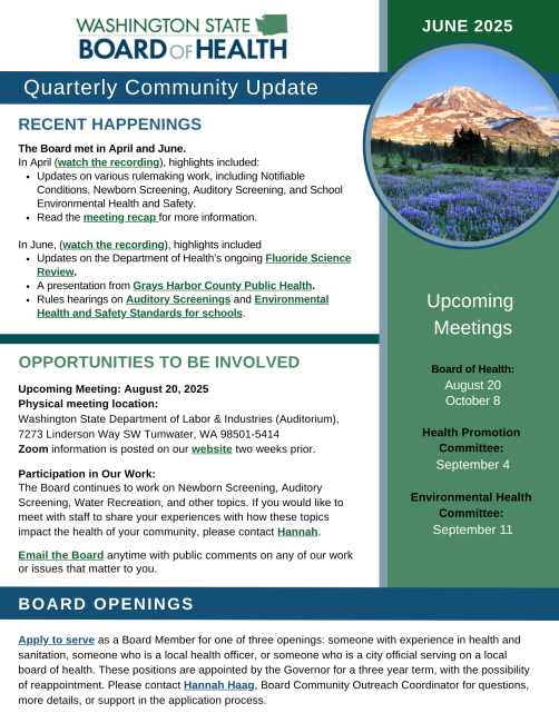 Front page of the State Board of Health Community Newsletter. Select the image to access the PDF version of the full newsletter.